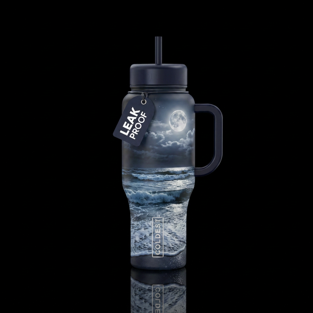 Med size ocean waves, night time, large bright moo... water bottle design