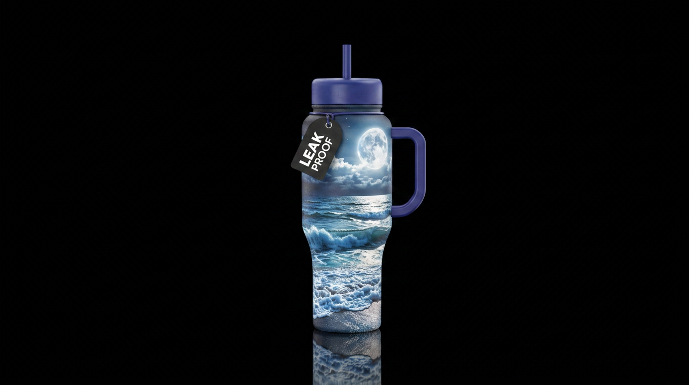 Med size ocean waves, night time, large bright moo... water bottle design