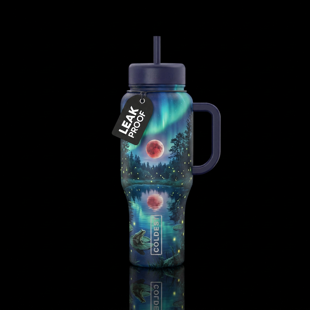 Night, trees around large pond, fireflies, frog on... water bottle design