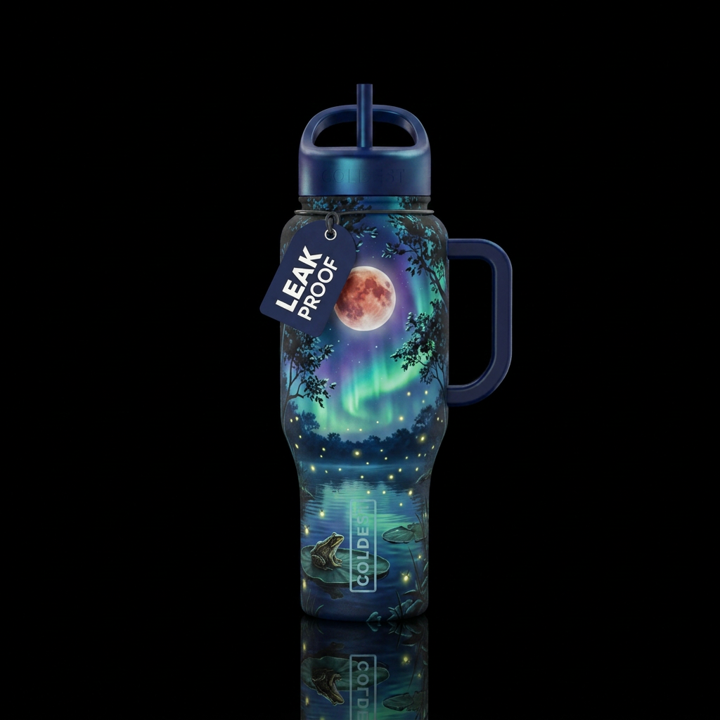 Night, trees around large pond, fireflies, frog on... water bottle design
