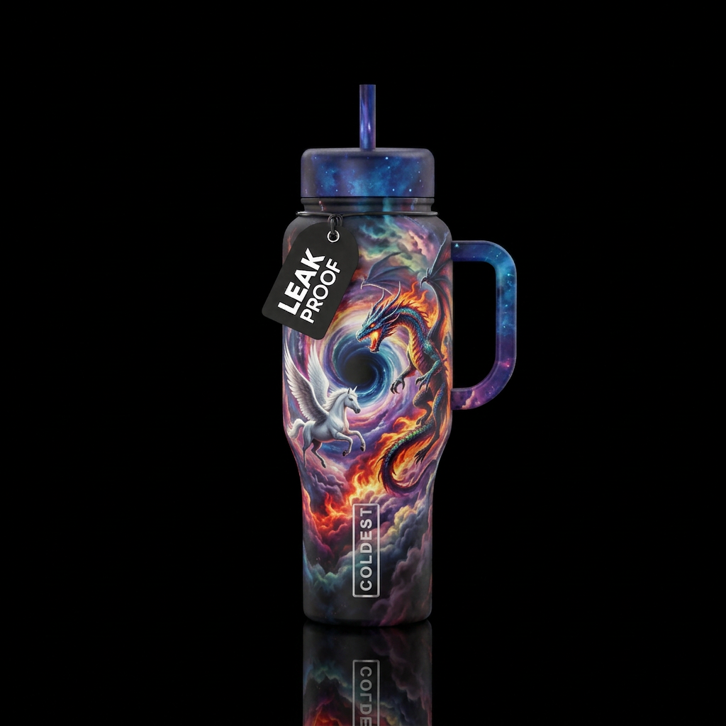 event horizon, evil multi colored dragon chasing a... water bottle design