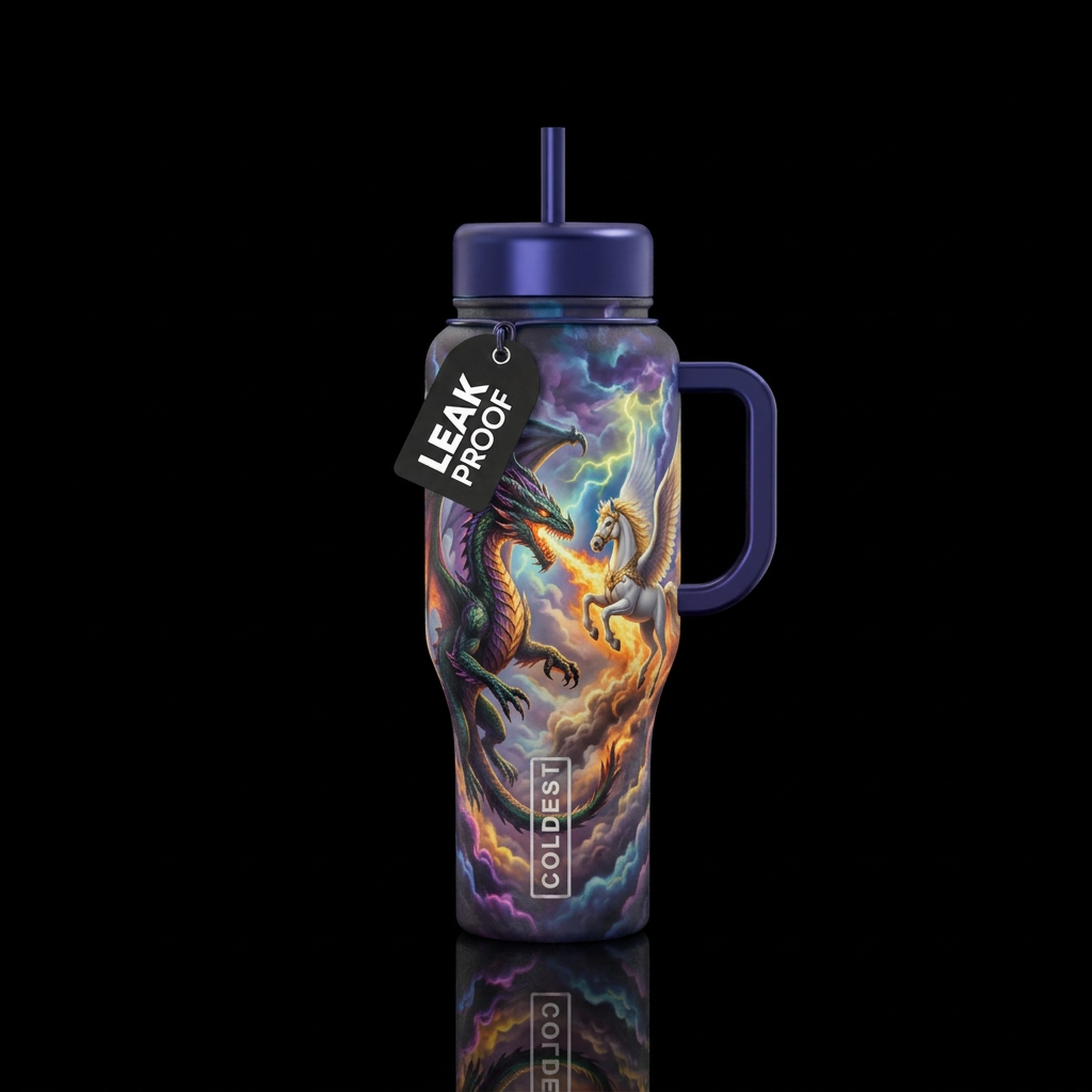 event horizon, evil multi colored dragon chasing a... water bottle design