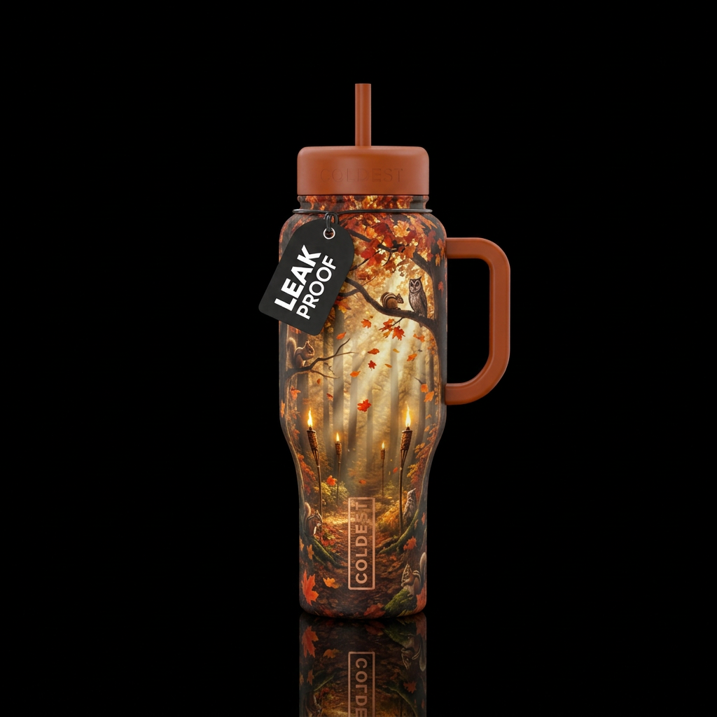 Fall Woods setting, tiki torches, small animals, s... water bottle design