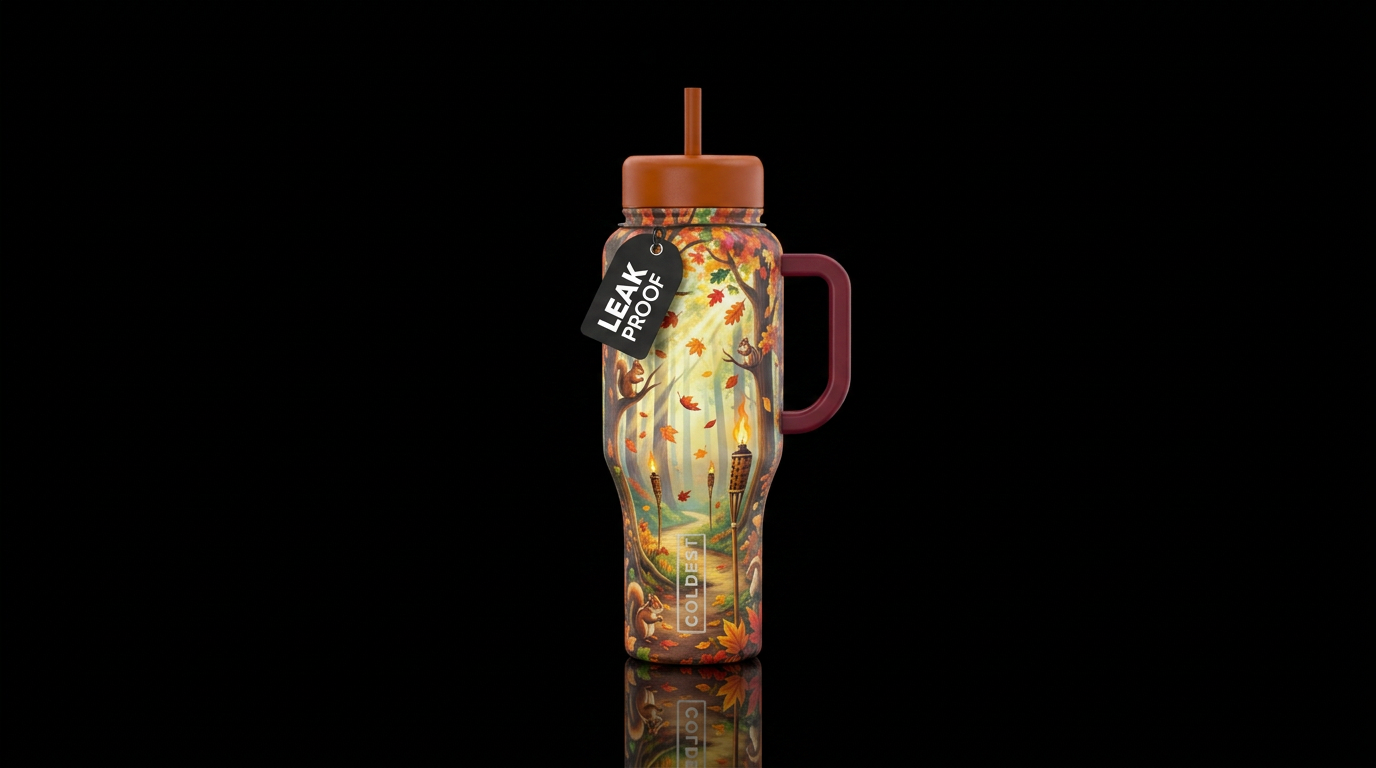 Fall Woods setting, tiki torches, small animals, s... water bottle design