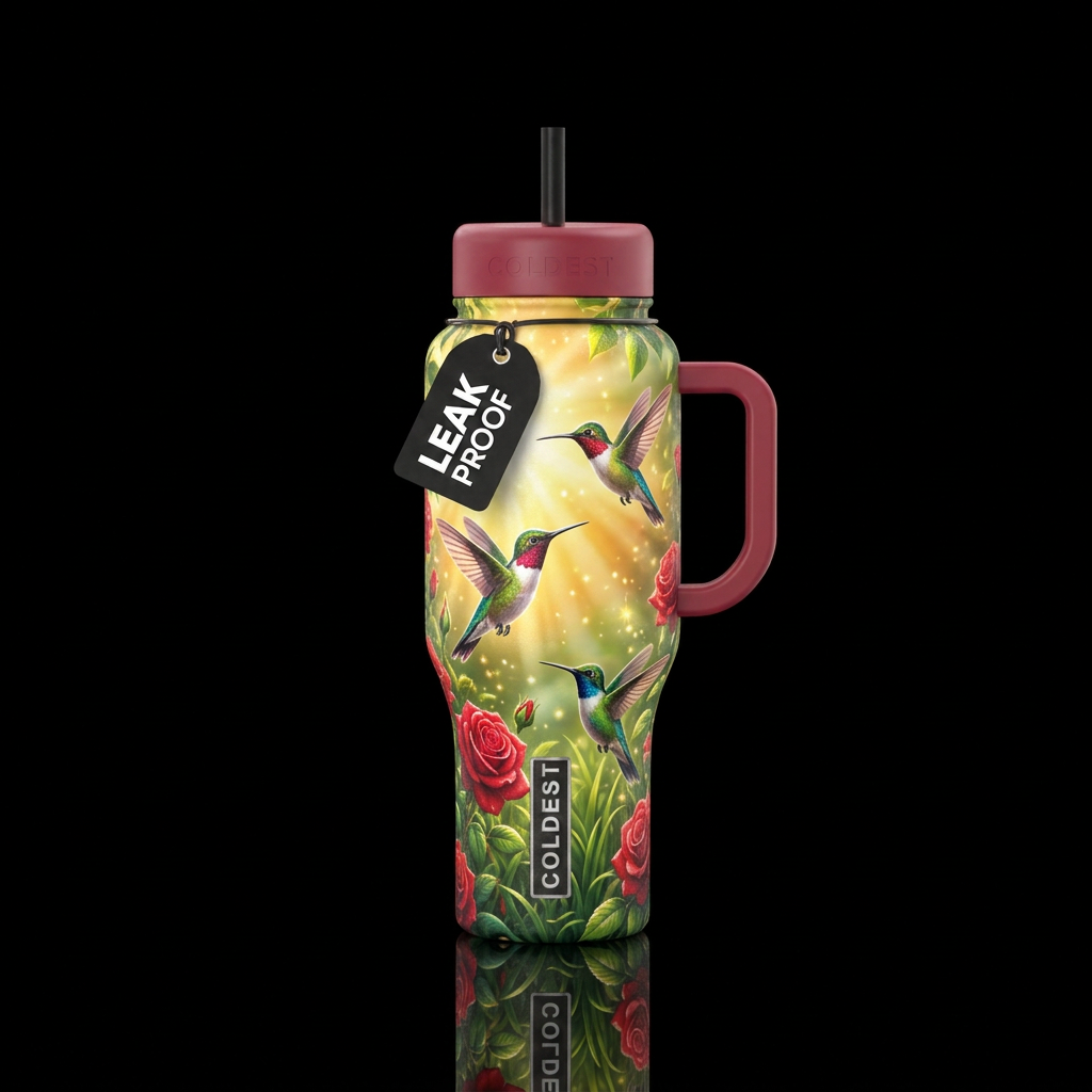 All types of hummingbirds flying around red roses ... water bottle design