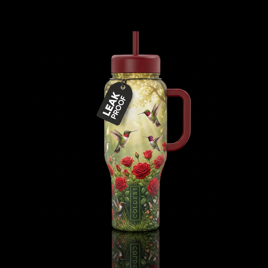 All types of hummingbirds flying around red roses ... water bottle design