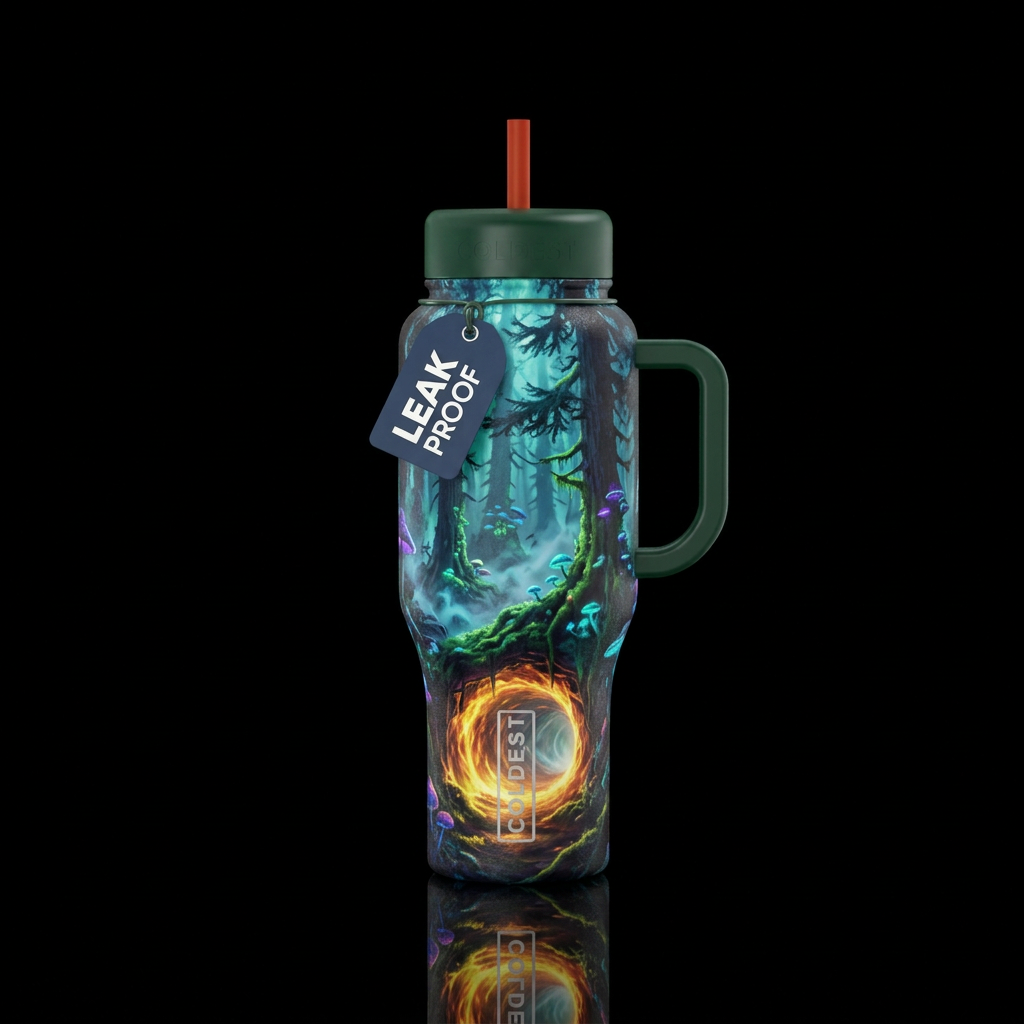 glowie, scary, misty forest, hyperspace, firery water bottle design