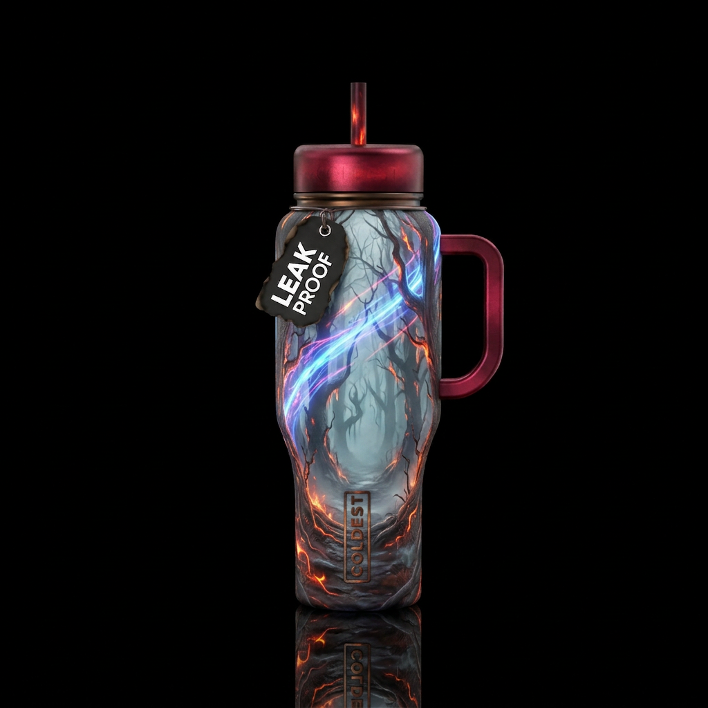 glowie, scary, misty forest, hyperspace, firery water bottle design