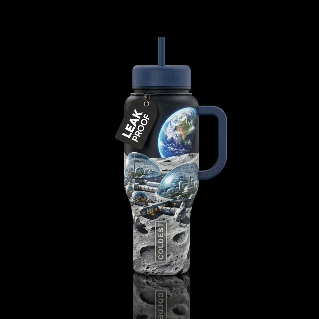 Surface of the moon, large city under huge glass d... water bottle design