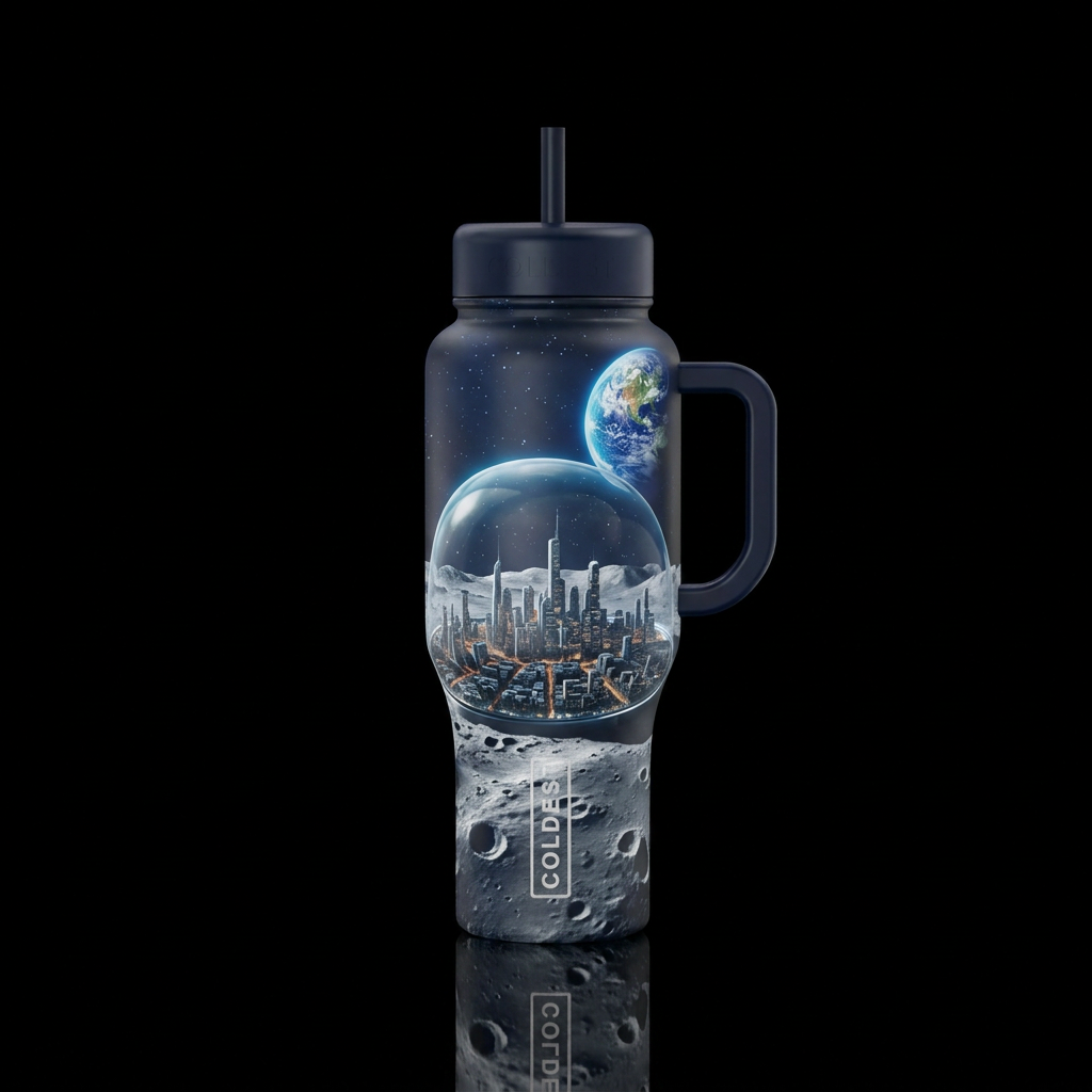 Surface of the moon, large city under huge glass d... water bottle design