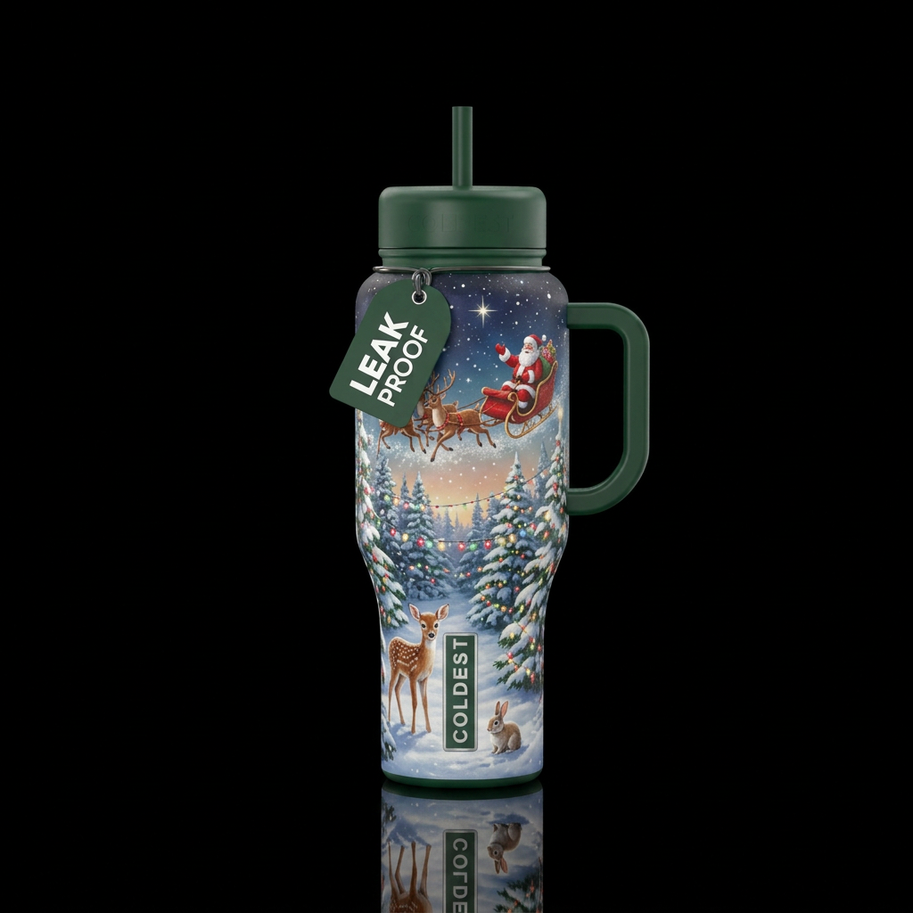 Christmas wonderland, Santa, sleigh, reindeer,  sn... water bottle design