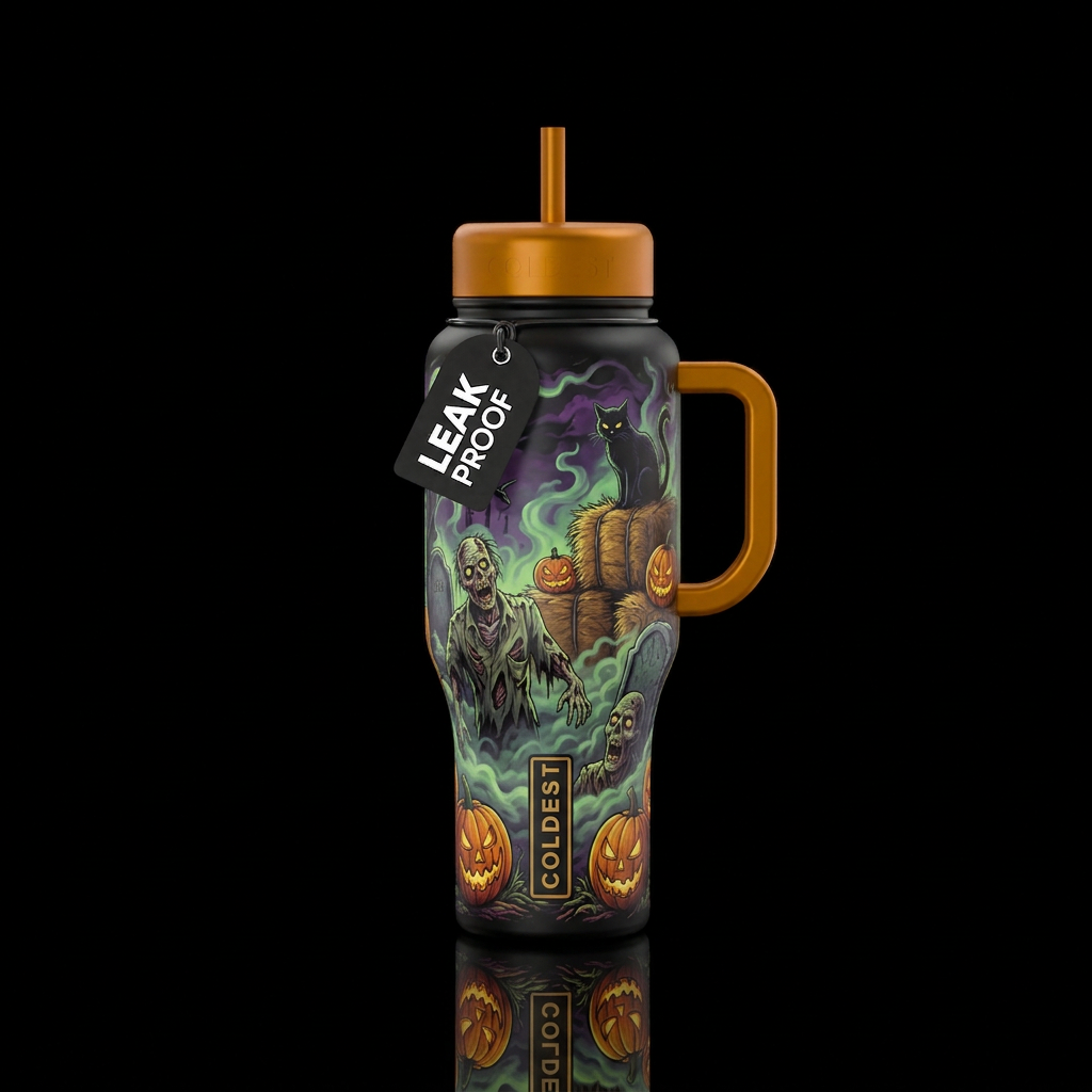 Jackolanterns, scary fog, rotting corpse, hay bail... water bottle design