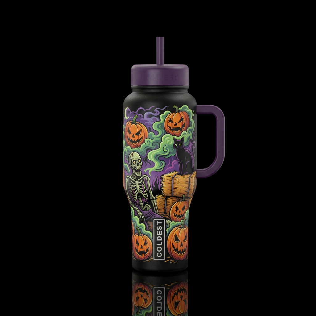 Jackolanterns, scary fog, rotting corpse, hay bail... water bottle design