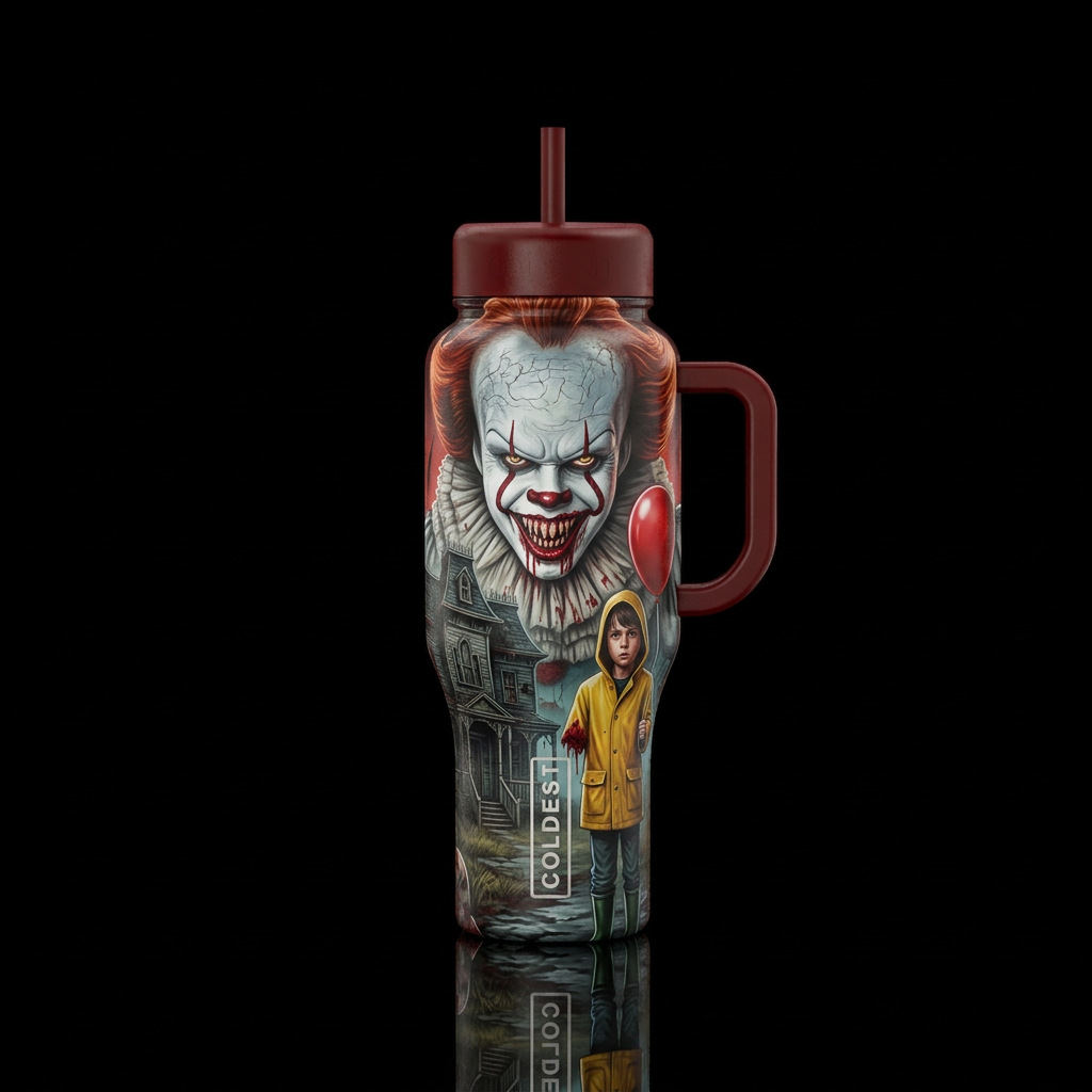 Evil pennywise clown, bloody teeth, male child in ... water bottle design