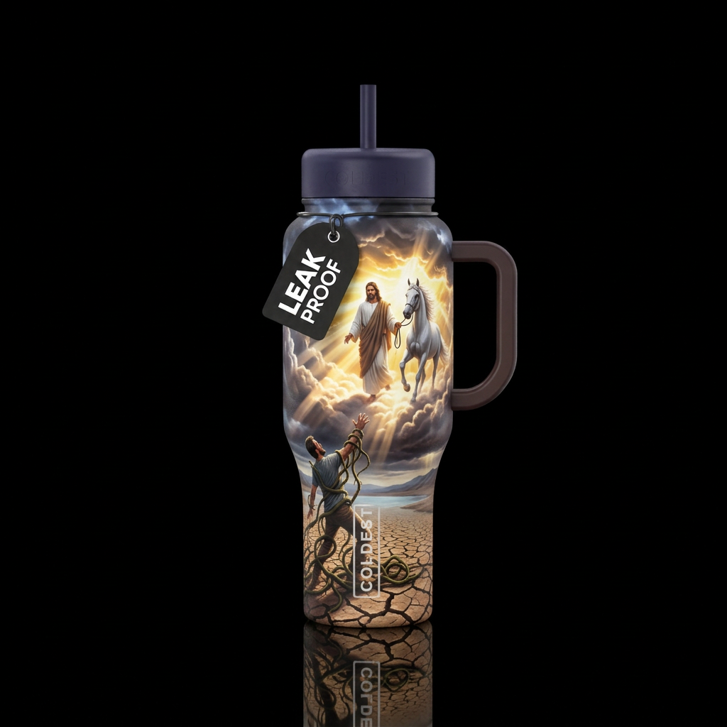Dark storm clouds, sun rays showing thru, Jesus st... water bottle design