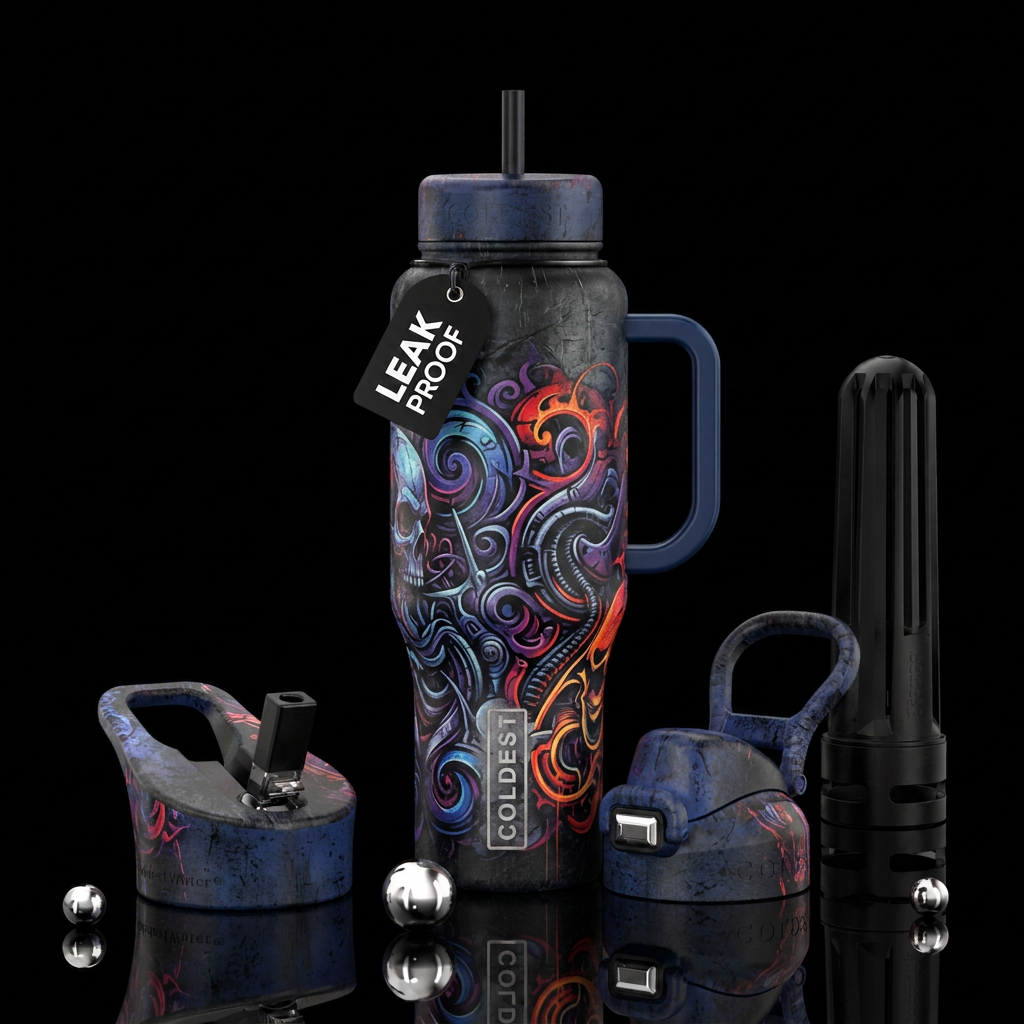 dark mood, grunge, distressed, edgy texture, well-... water bottle design