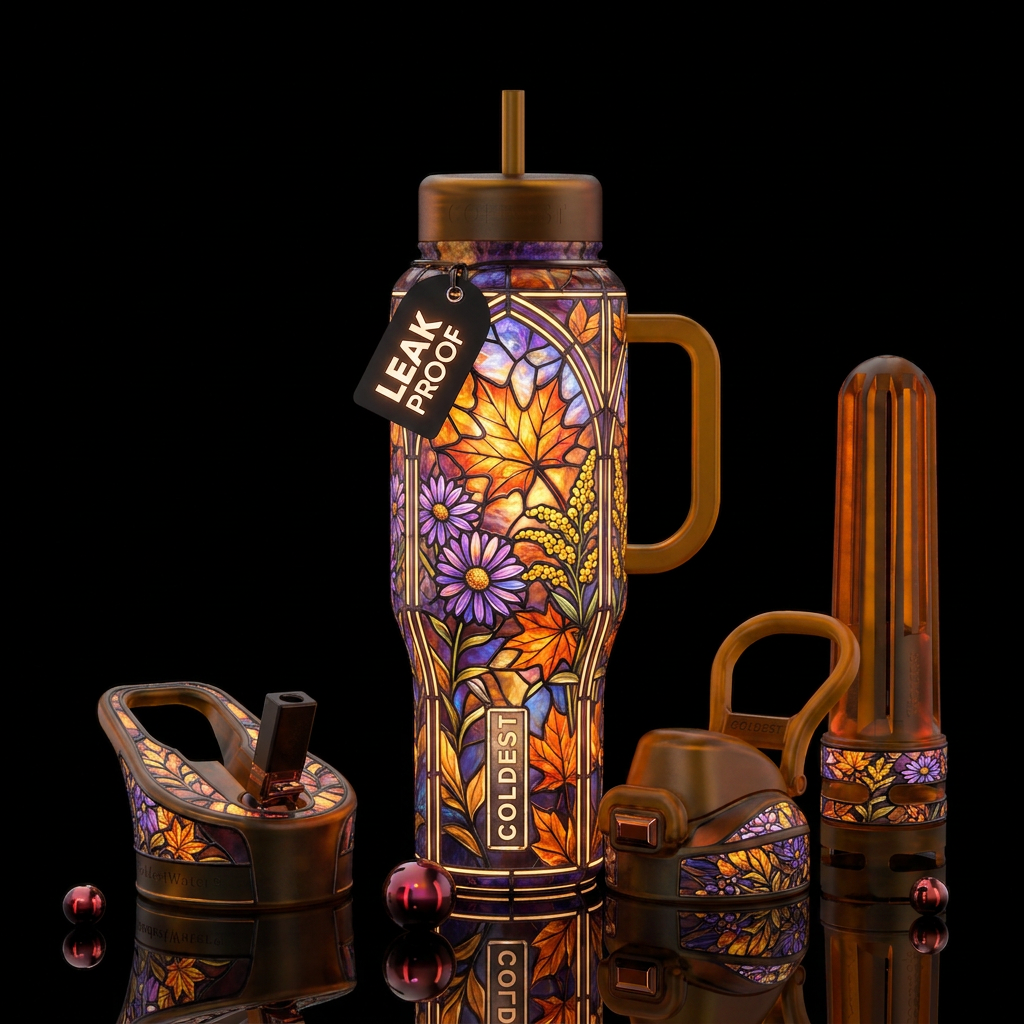 New england fall, garden, neon, stained glass, dre... water bottle design