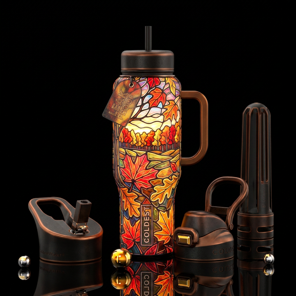 New england fall, neon, stained glass, stained gla... water bottle design