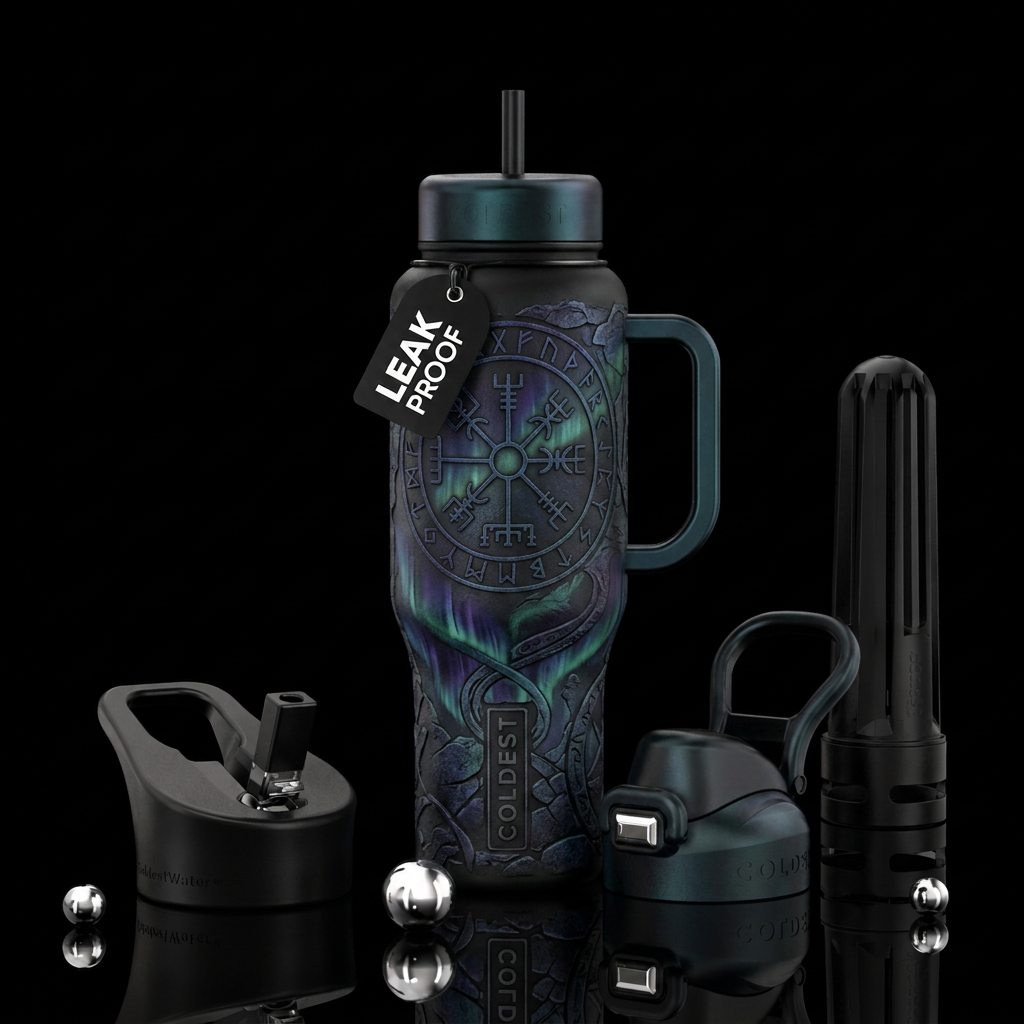 northern lights, ancient, european, dark mood water bottle design