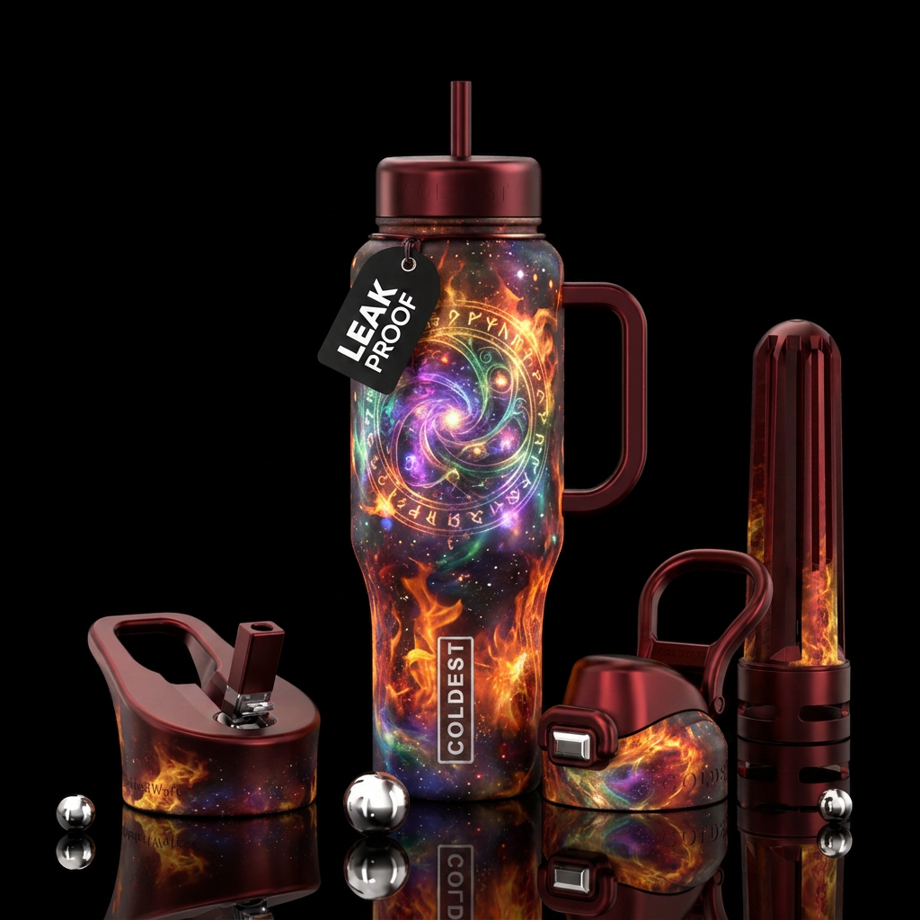 glowie, magical, fantasy, luxurious, firery water bottle design