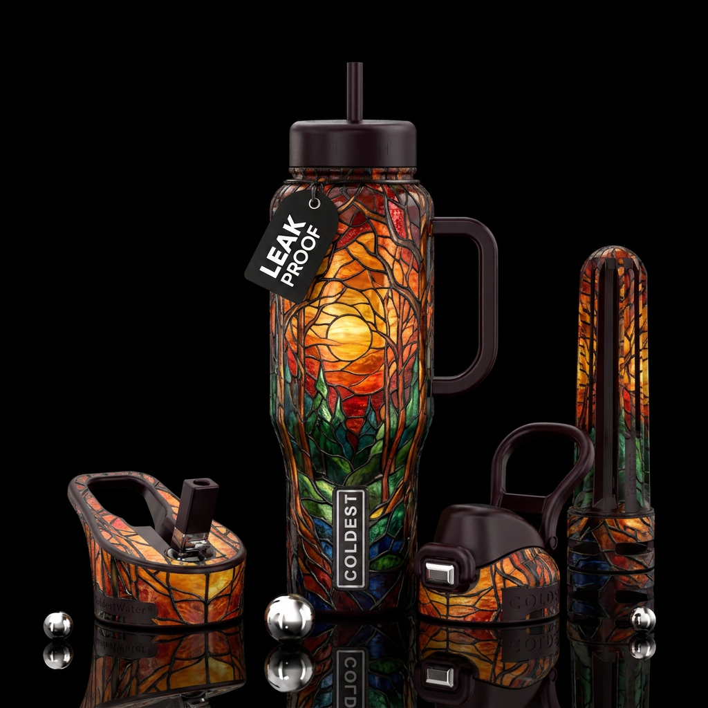 beautiul, vibrant, firery,forest,stained glass water bottle design