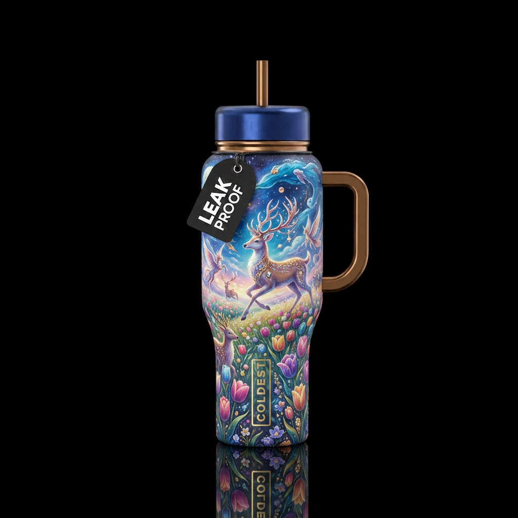 tulip fields, deer, running, beautiul, luxurious, ... water bottle design
