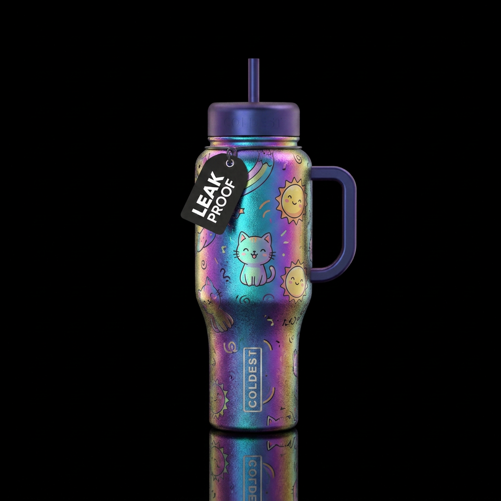 funny, luxurious, happy mood, irridescent, cartoon water bottle design