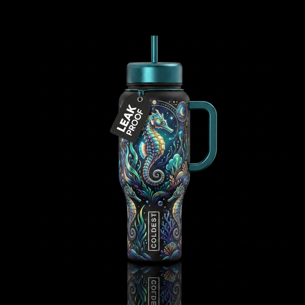 seahorse, shiny, artistic, ocean, magic, mythical water bottle design