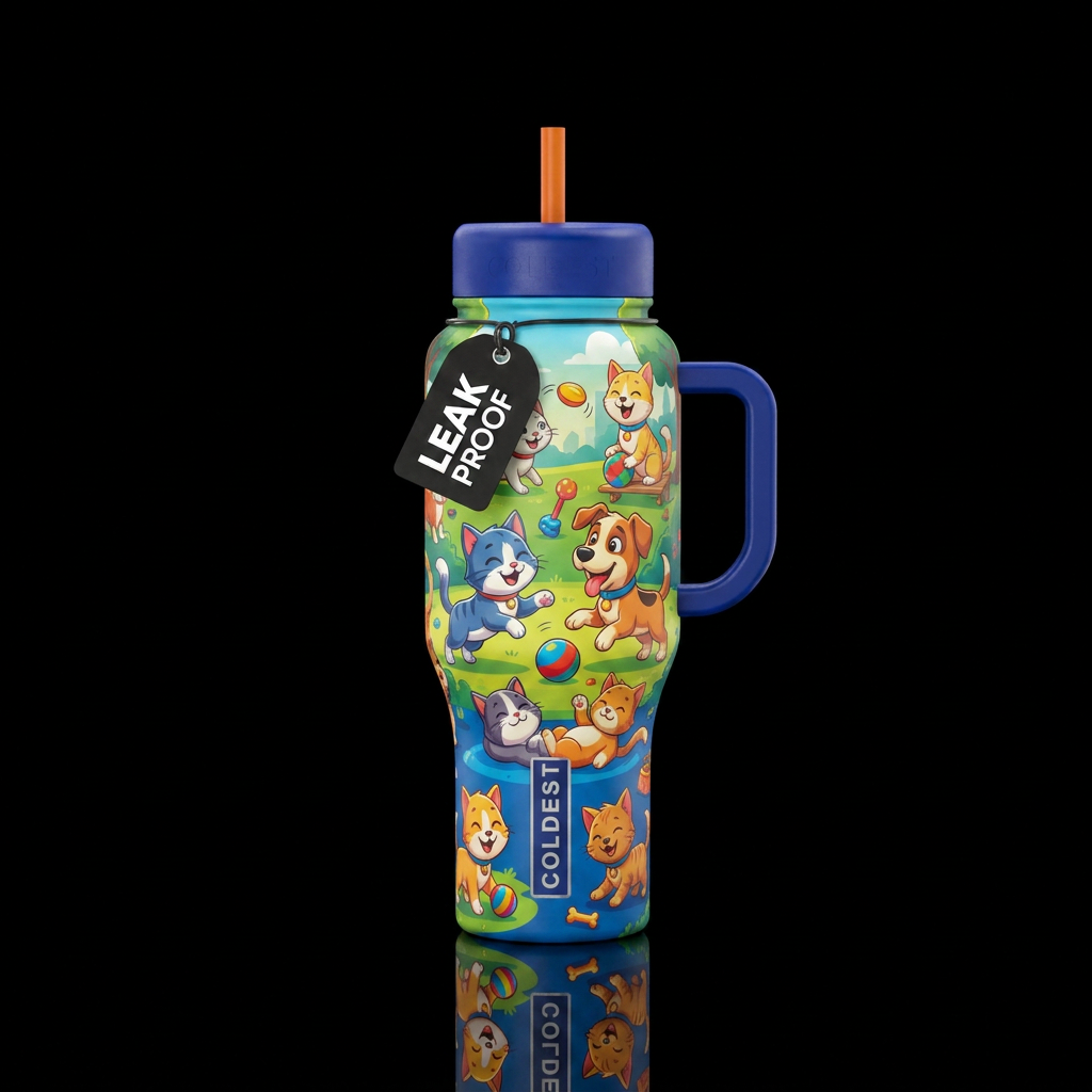 cat, dog, cartoon, funny, happy mood, beautiul water bottle design