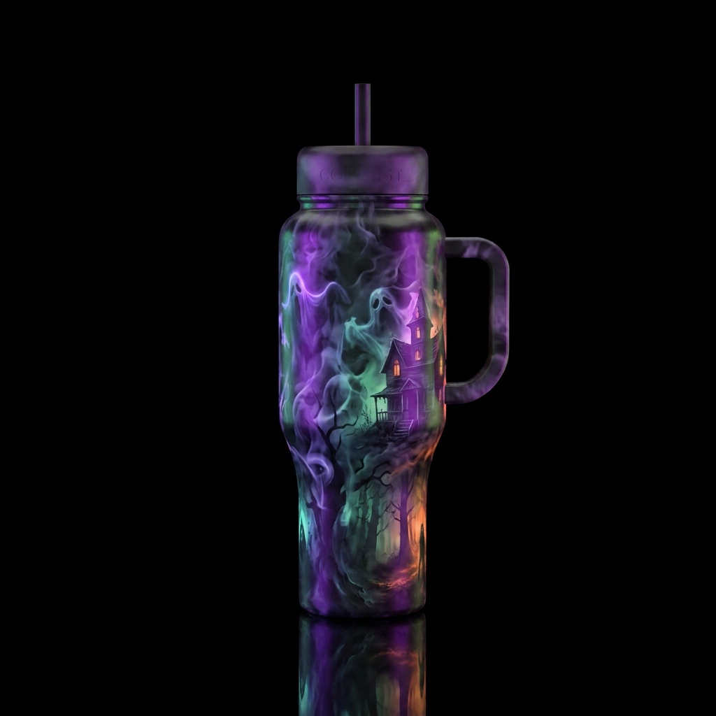darkness, smoke, haunted,halloween, glowie water bottle design