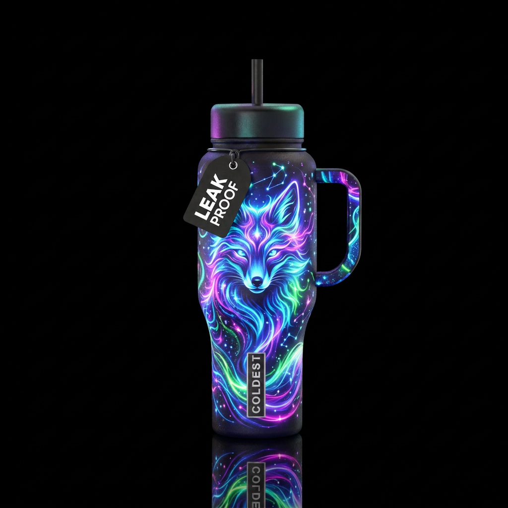 fox, glowie, stylistic, magic water bottle design