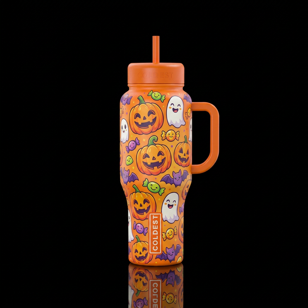 funny, happy mood, cartoon, halloween water bottle design