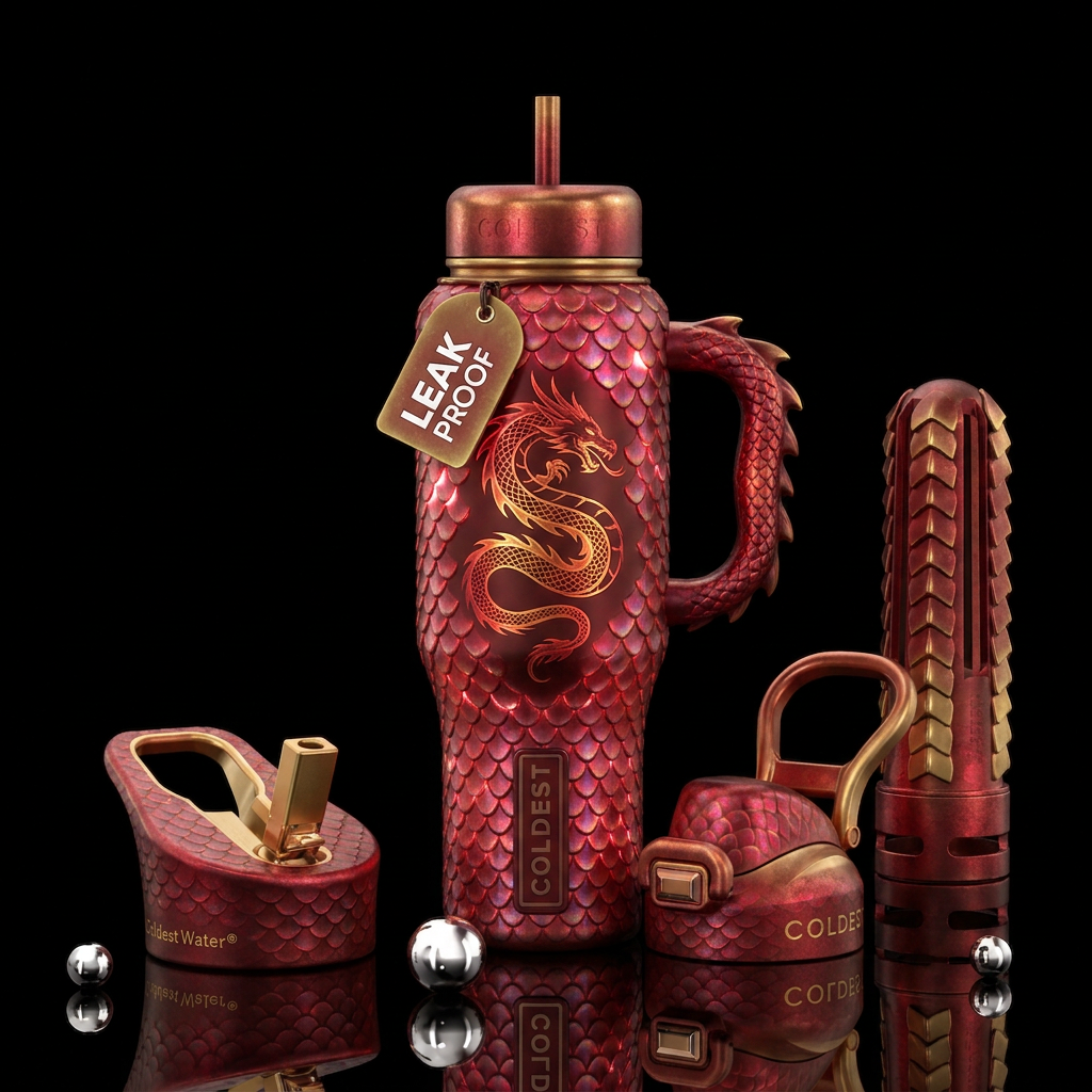 Whimsical magical red scale glowie dragon water bottle design