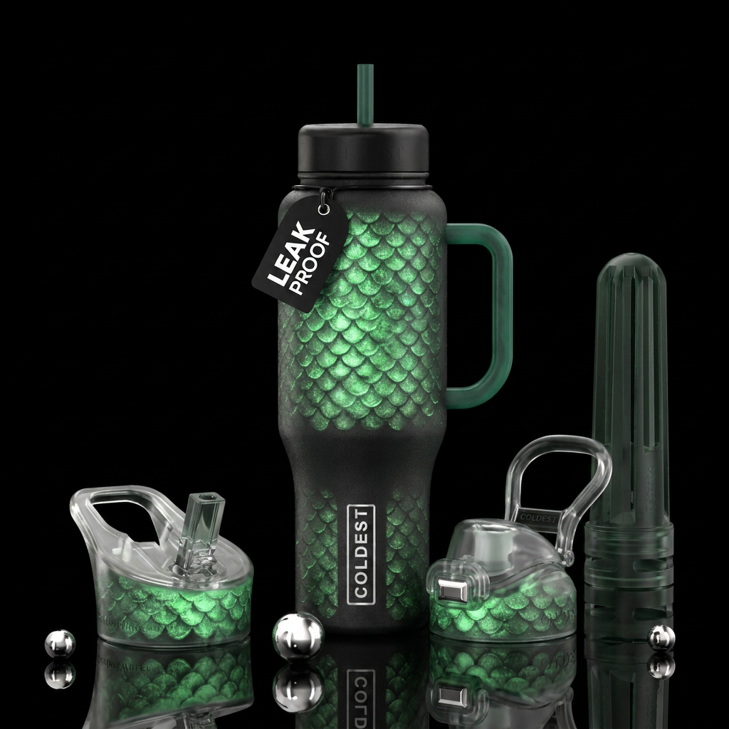 Whimsical magical green scale dragon glowie water bottle design