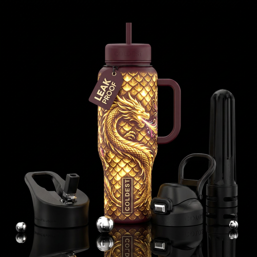 Whimsical magical gold scales glowie dragon water bottle design