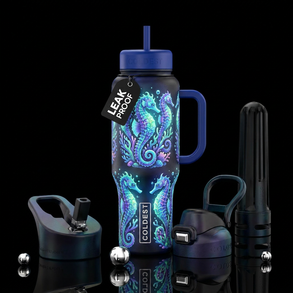 32oz go whimsical magical seahorse glowie water bottle design