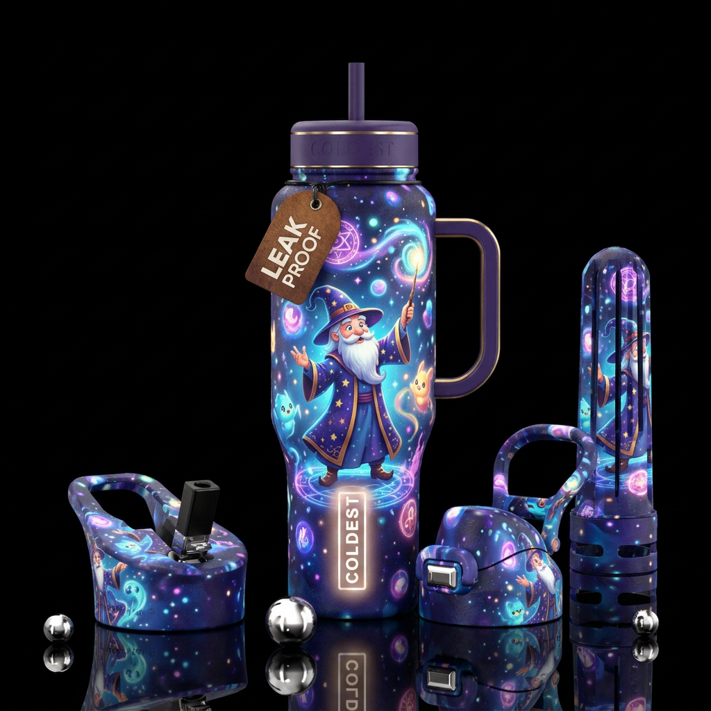 Whimsical magical wizard of glowie water bottle design