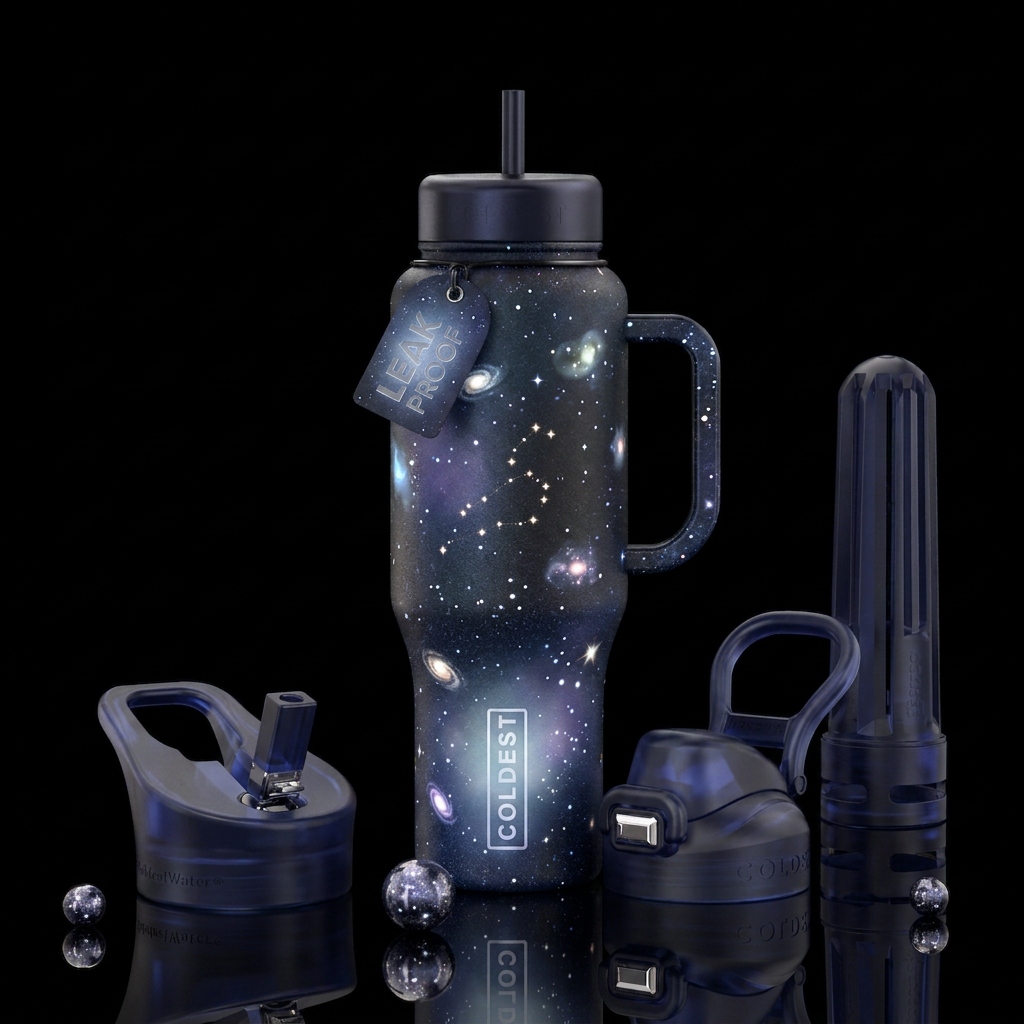 Whimsical magical of space glowie water bottle design