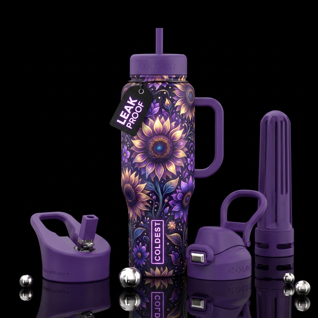 Whimsical magical purple floral sunflowers with a ... water bottle design