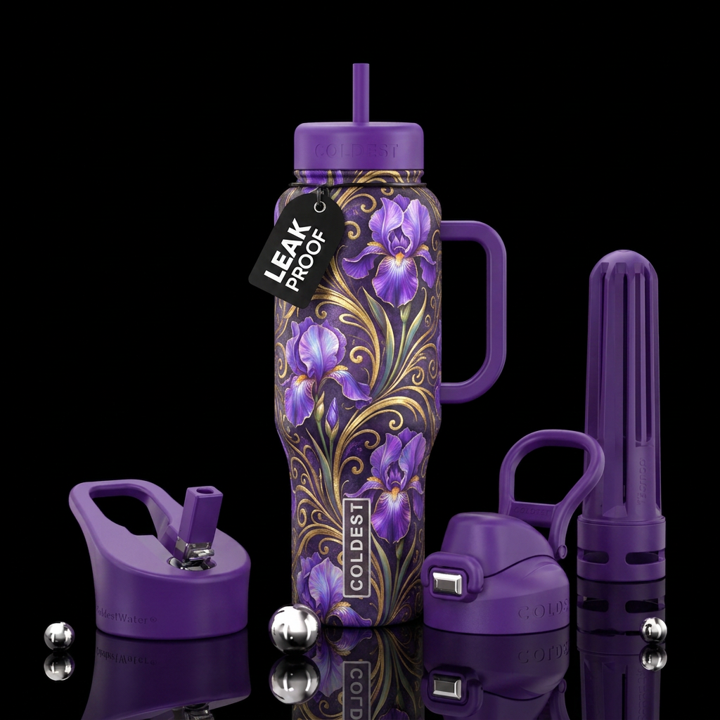 Whimsical magical purple irises with little swirls... water bottle design