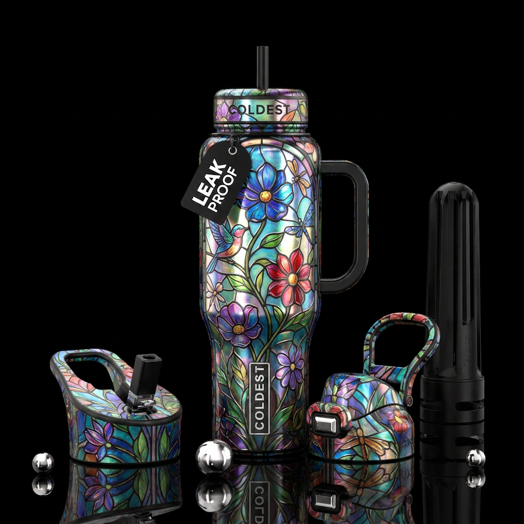Whimsical  garden with, stained glass, dreamy water bottle design