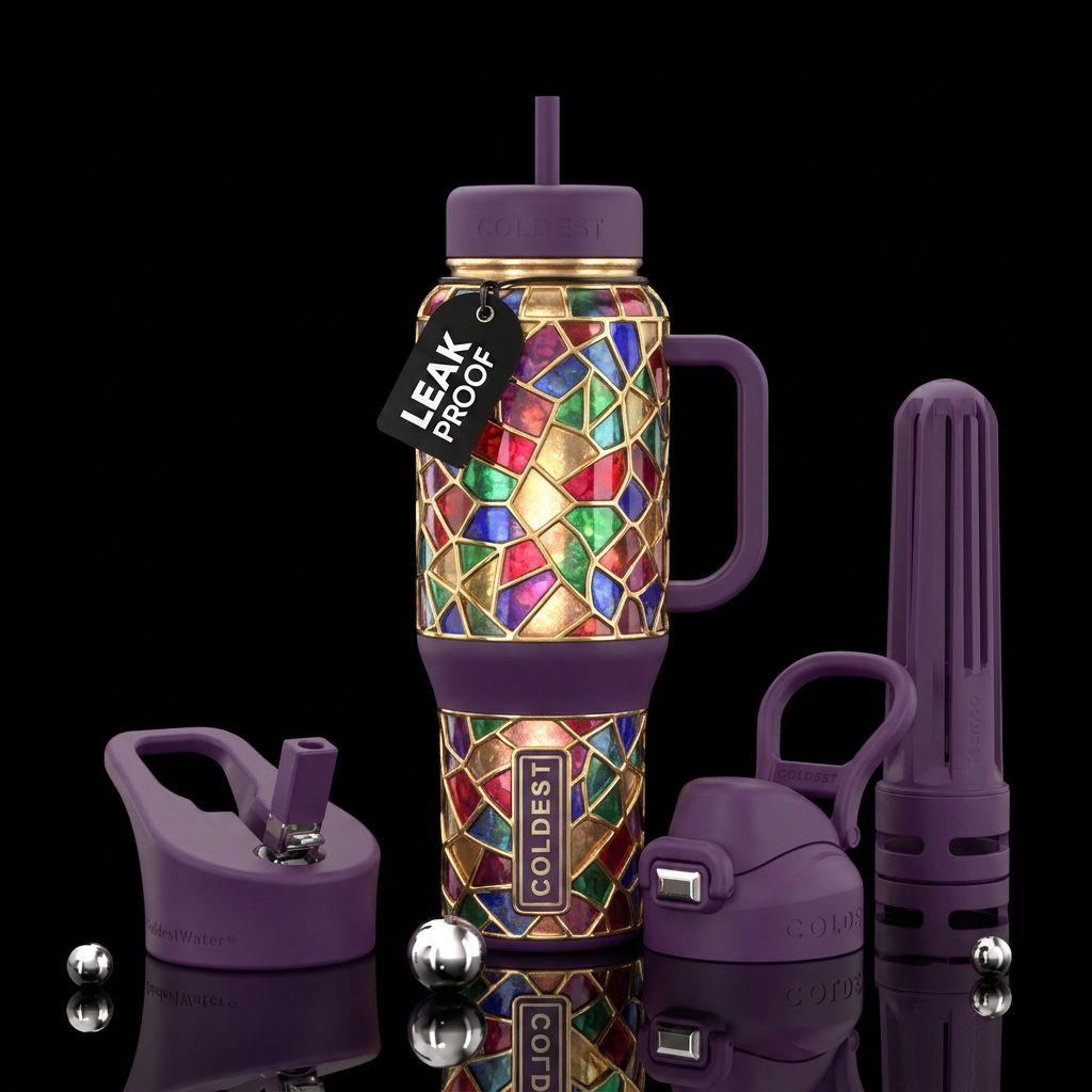 Whimsical magical glowie stained glassed with gold water bottle design