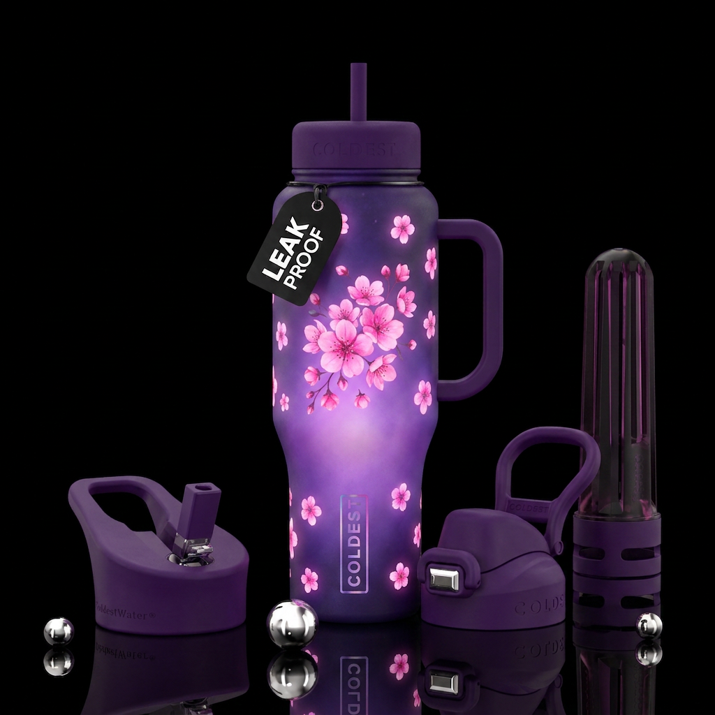 Whimsical magical glowie purple with pink flowers ... water bottle design