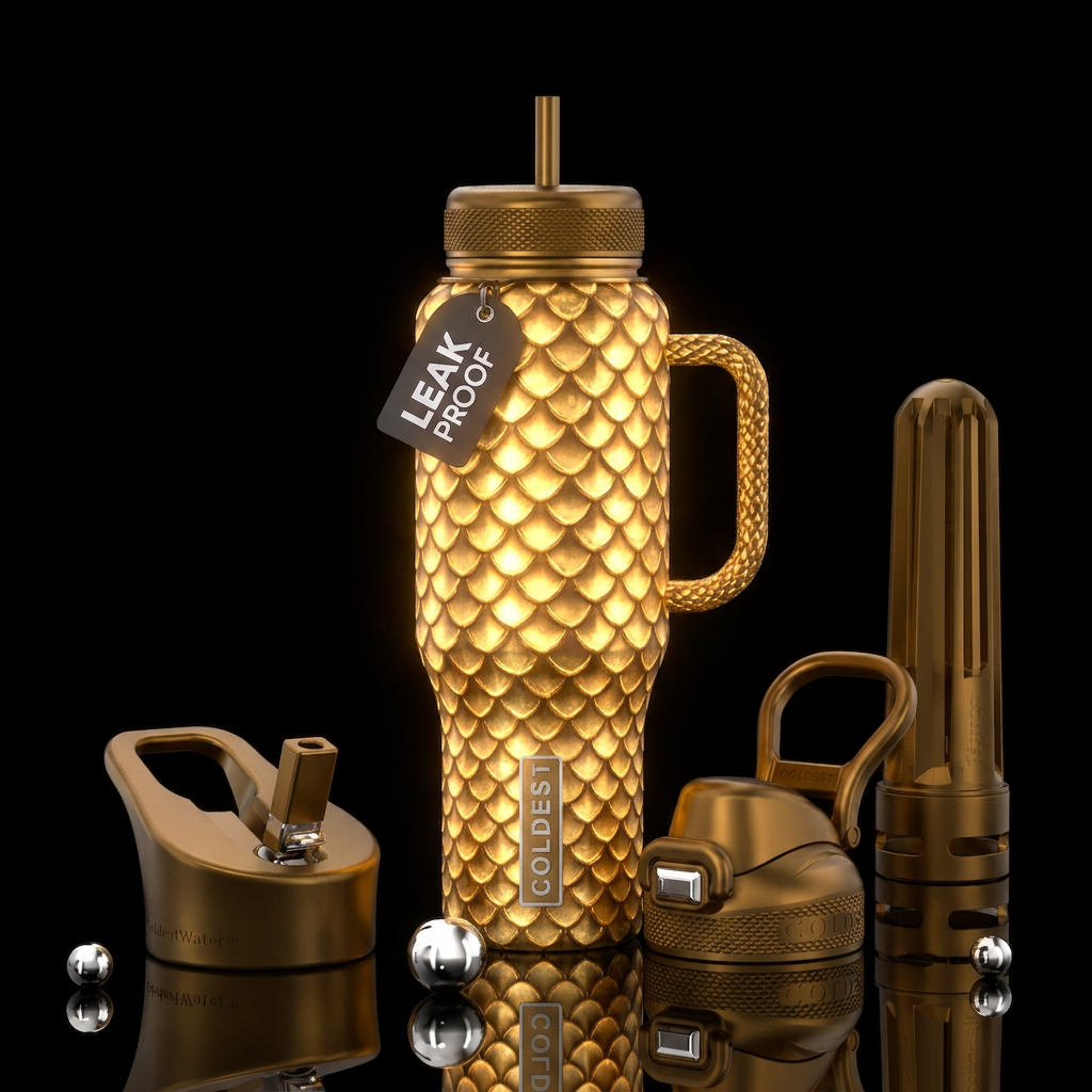 Gold dragon scales that glow all over water bottle design