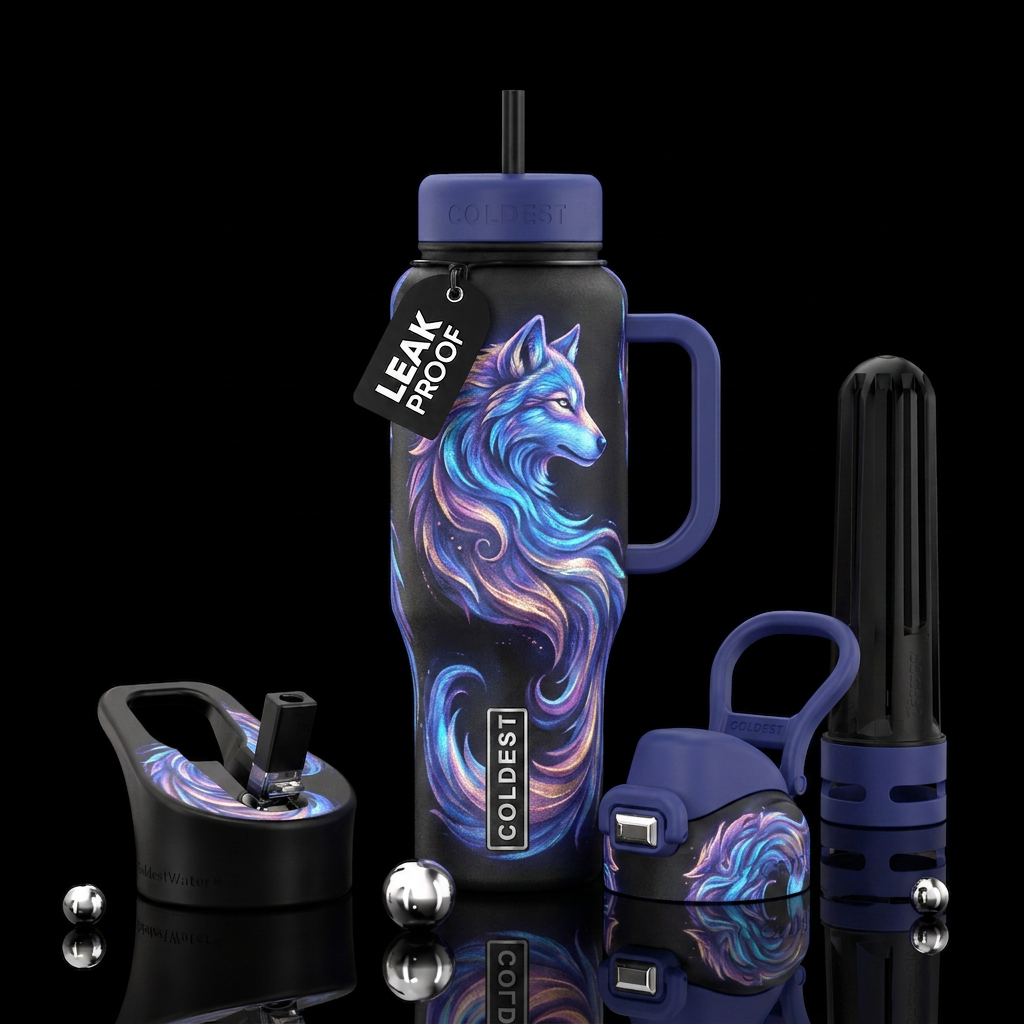 Whimsical magical wolf swirling around the bottle ... water bottle design