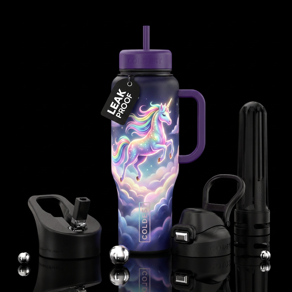 Whimsical and magical unicorn flying in the clouds... water bottle design