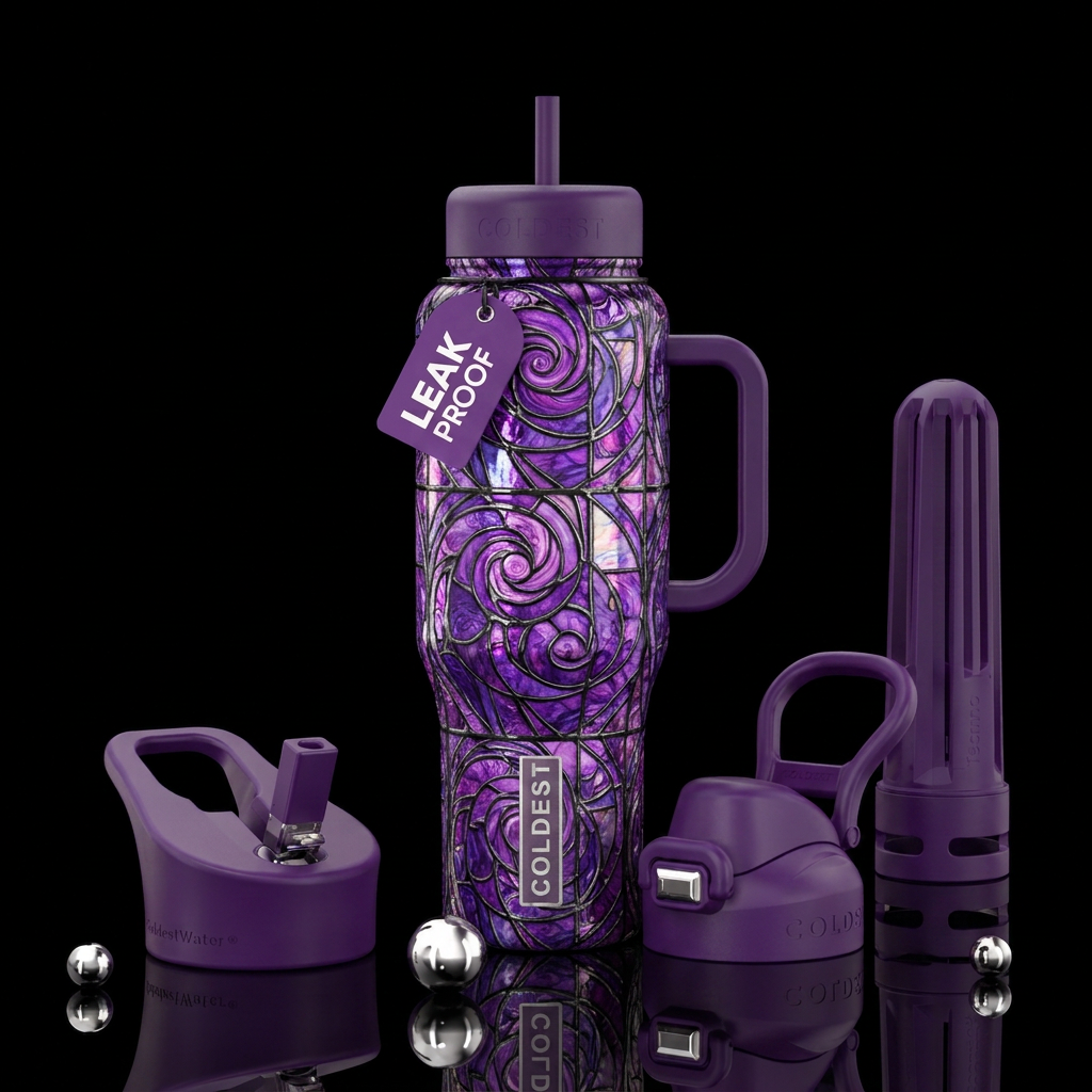 Purple swirls, stained glass, dreamy water bottle design