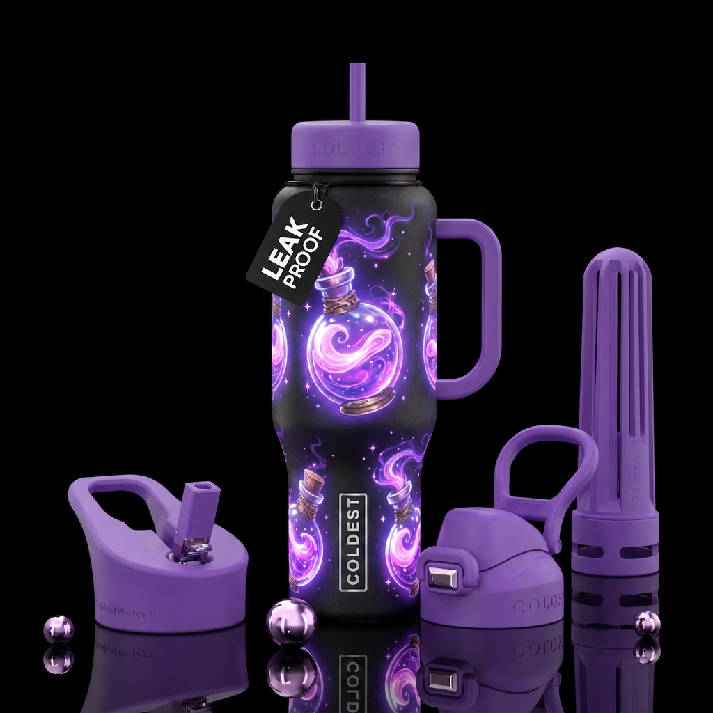 Whimsical magical purple potions that is glowie water bottle design
