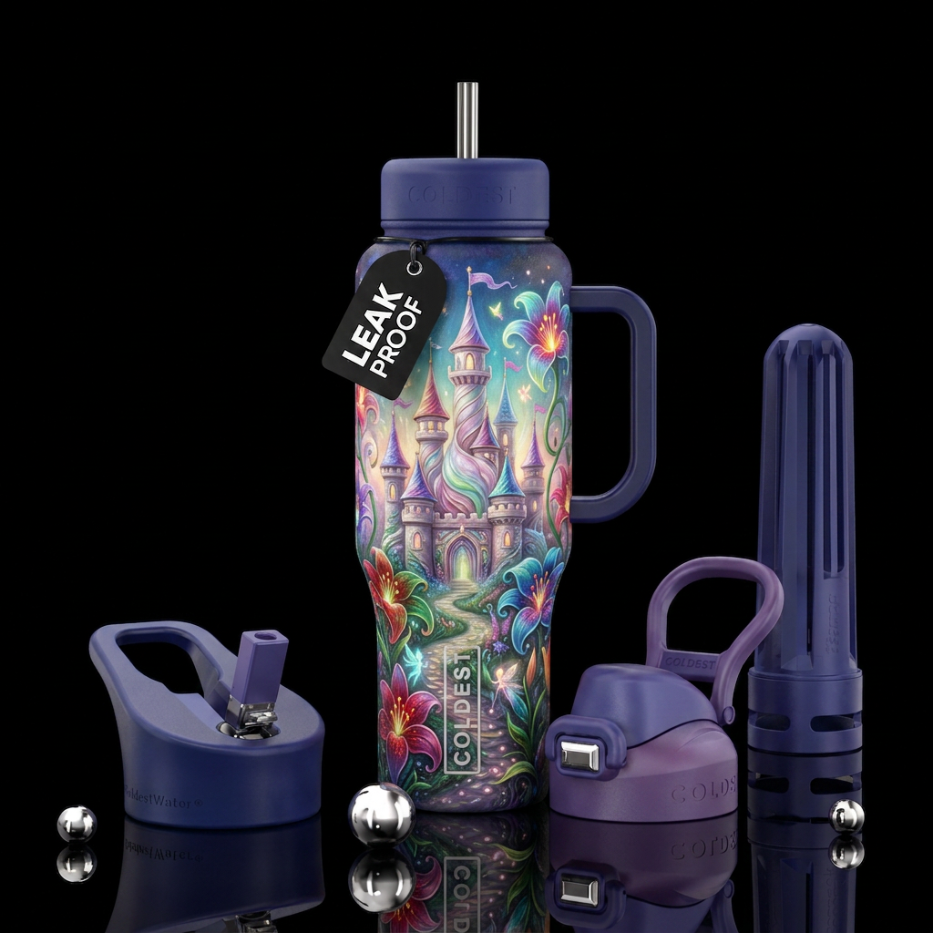 Whimsical magical lillynae castle water bottle design