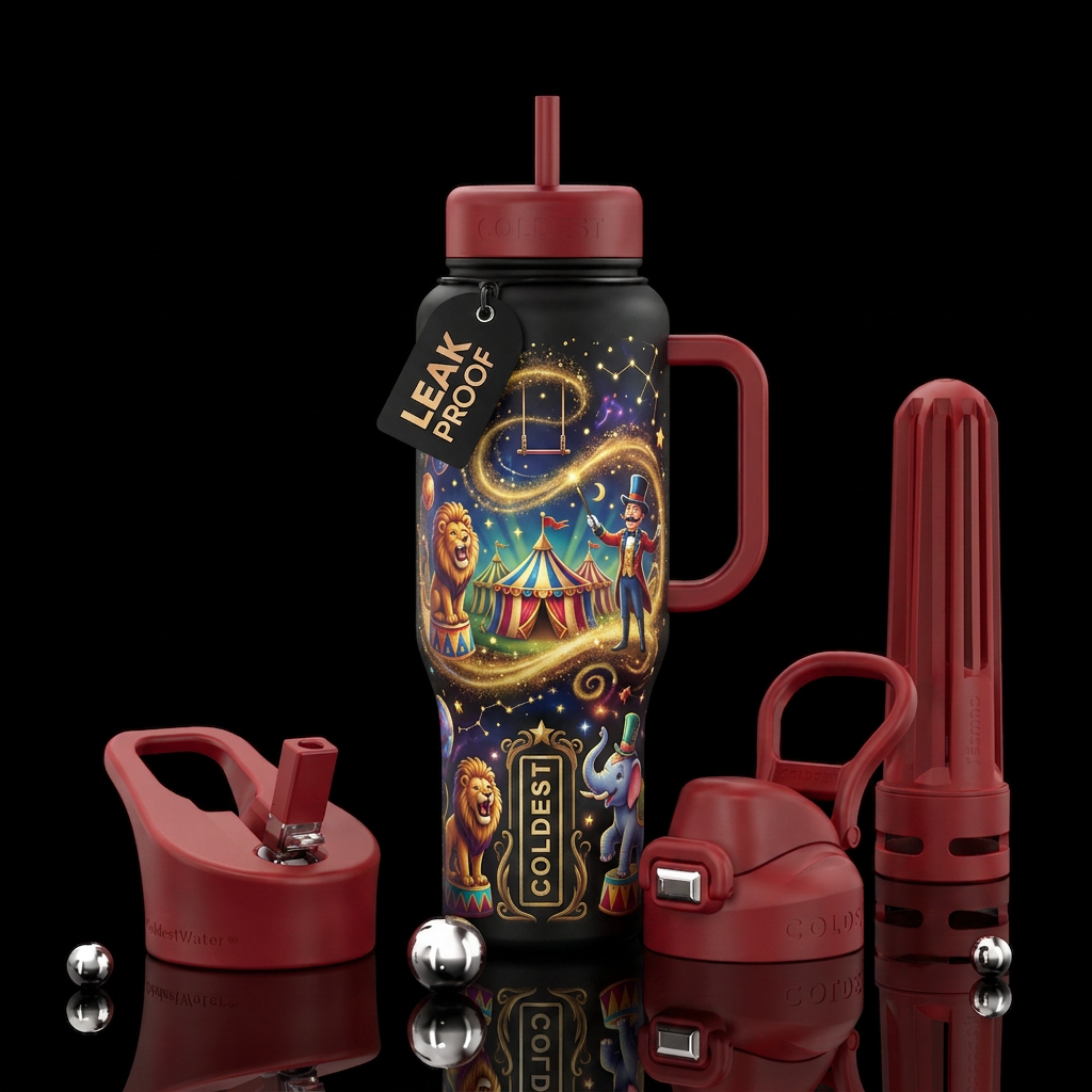 Whimsical magical of the greatest show water bottle design